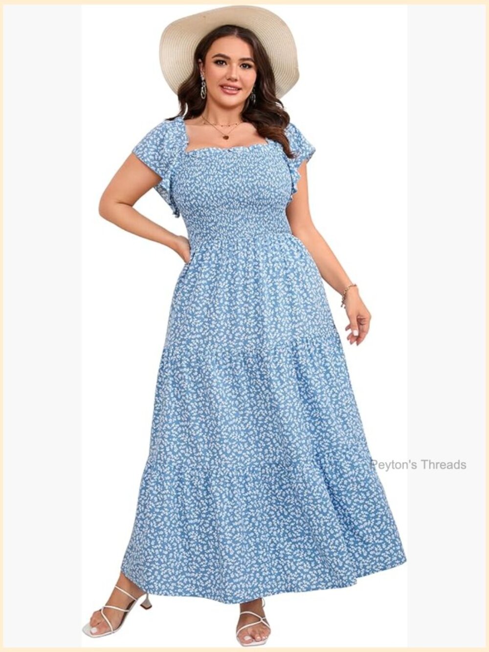 Plus Size Flowy Boho Maxi Dress Ruffle Short Sleeve Square Neck Smocked